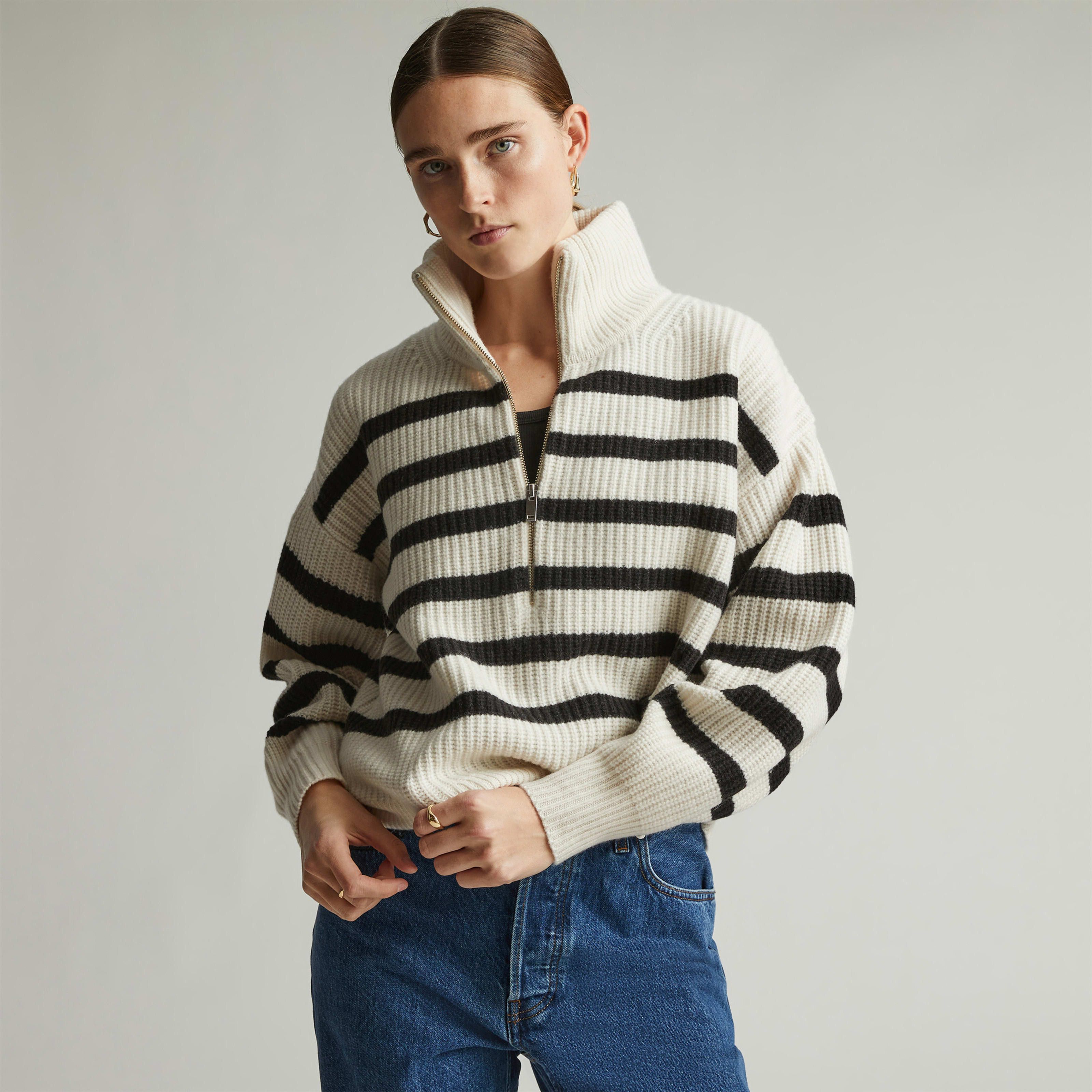 Women's Half-Zip Sweater in Luxe Merino by Everlane in Bone White/Black, Size XS | Everlane