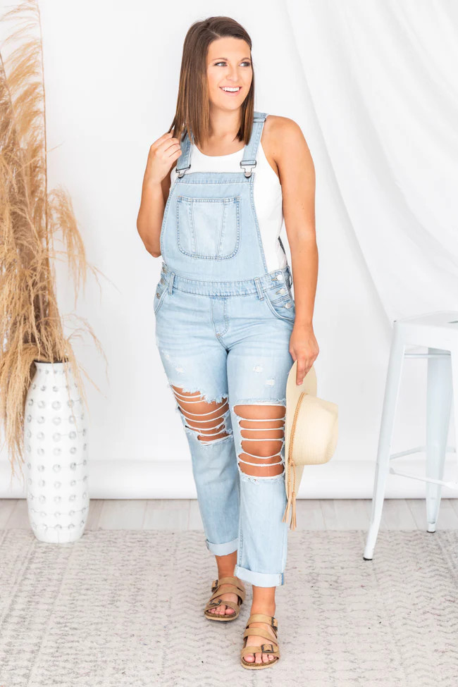 Break Even Distressed Light Wash Denim Overalls | Pink Lily