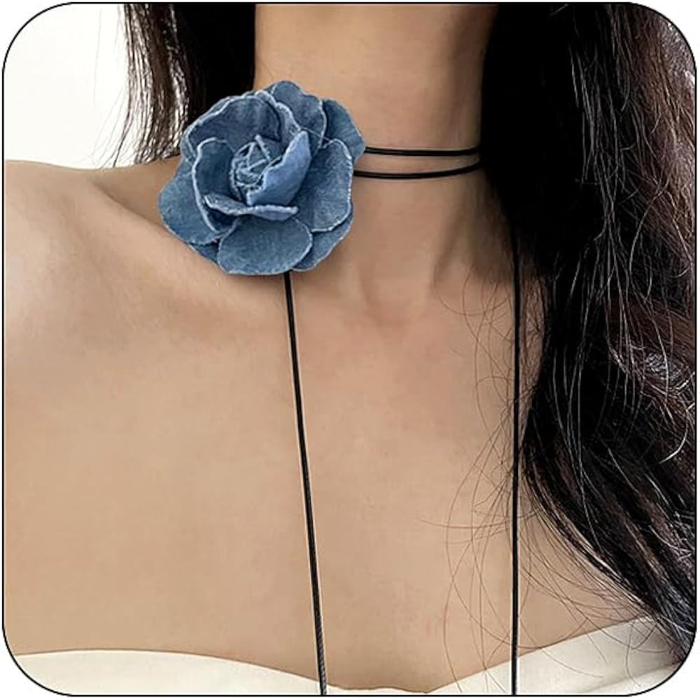 Bethynas Vintage Blue Denim Flower Choker Necklace Artificial Rose Floral Lace-up Necklace Long W... | Amazon (US)