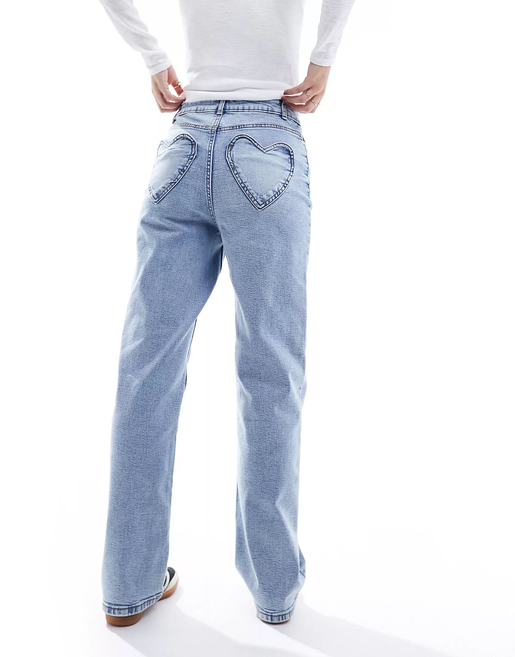 Miss Selfridge heart pocket straight leg jean in mid wash blue | ASOS (Global)