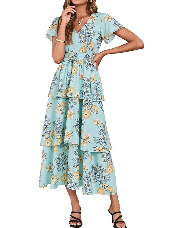 Simplee Women Floral Summer Maxi Dress Boho Flowy Ruffle Tiered Short Sleeves V Neck Long Wedding... | Amazon (US)