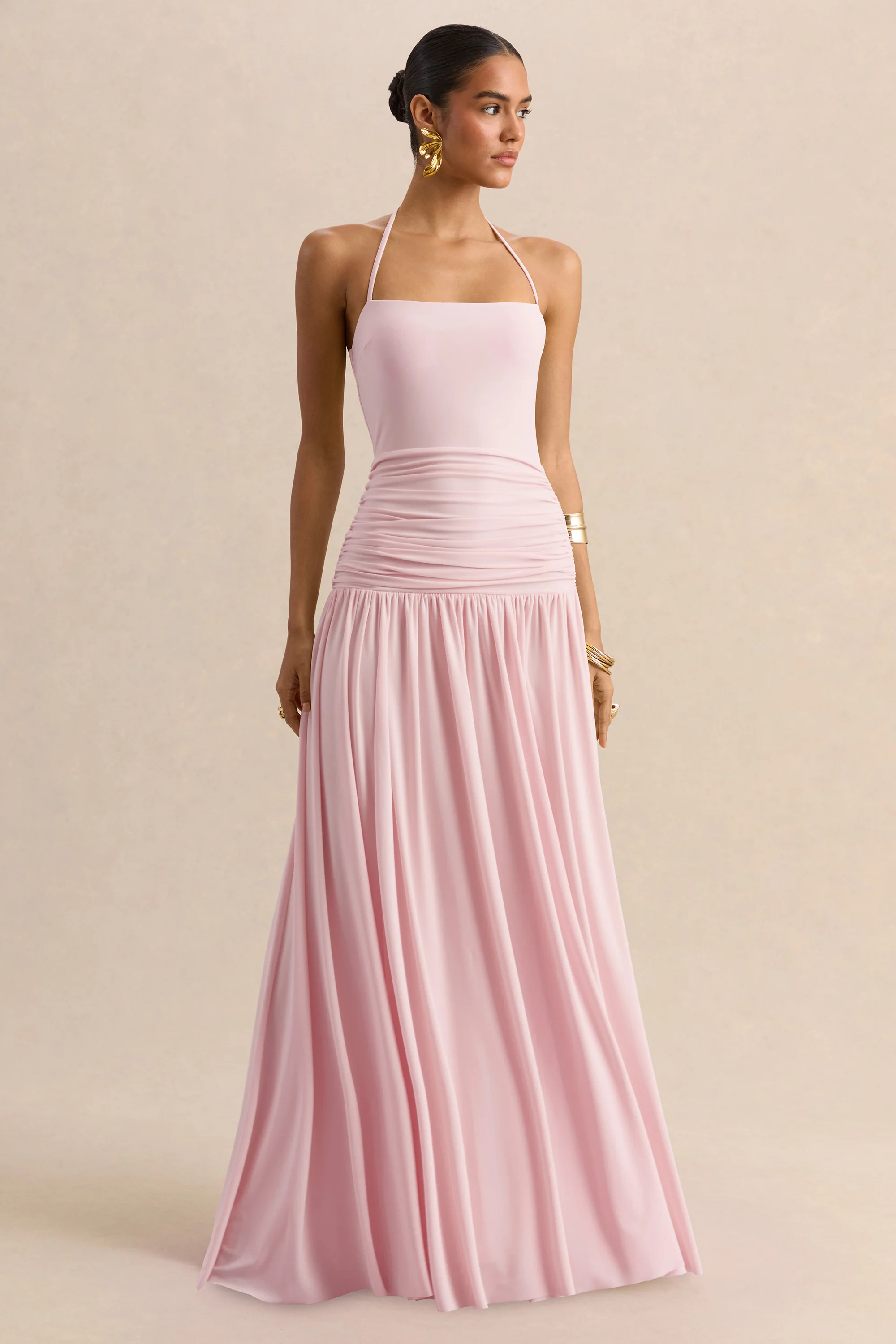 Nicolette | Pink Square-Neck Maxi Dress With Ruched-Detailing | Club L London