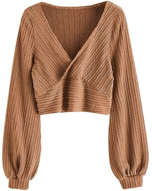 ZAFUL Women's Pullover Ribbed Cropped Knitwear Drawstring Ruched Knitted Crop Top Solid V-Neck Lo... | Amazon (US)