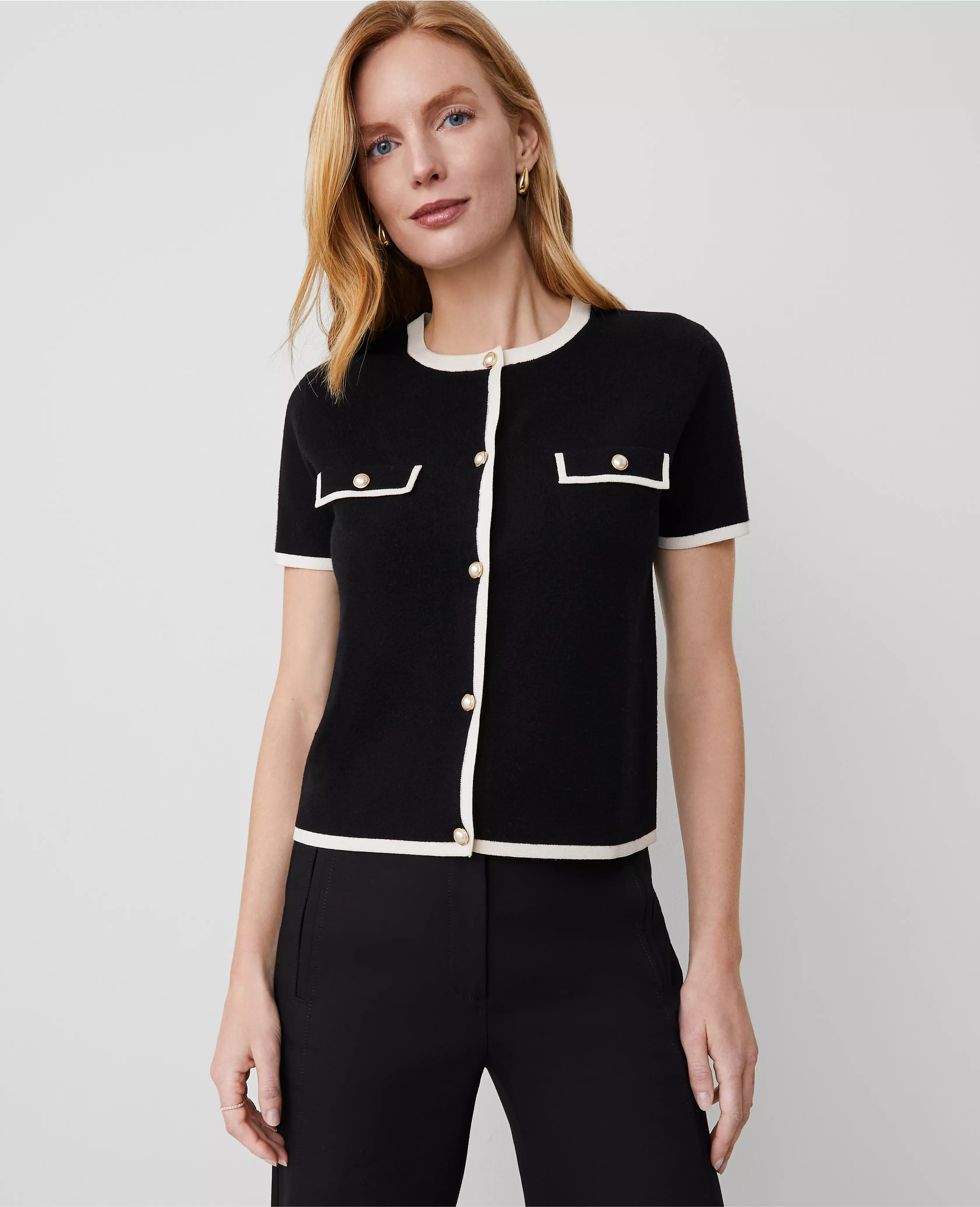Pearlized Button Short-Sleeve Cardigan | Ann Taylor