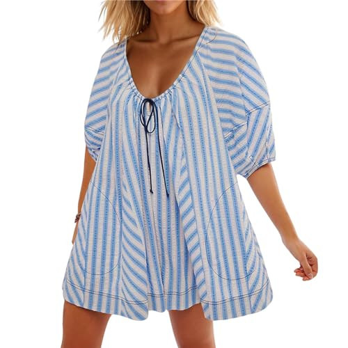 GCZREN Women Y2K Puff Sleeve Striped Oversized Romper Dress Summer V Neck Overall Wide Leg Loose Jumpsuit with Pocket Blue | Amazon (US)