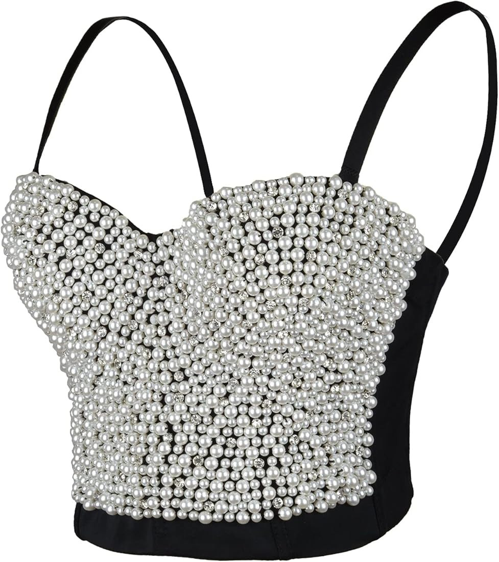 Sexy Pearls Beaded Rhinestone Bustier Crop Top Push up Corset Top with Detachable Straps | Amazon (US)