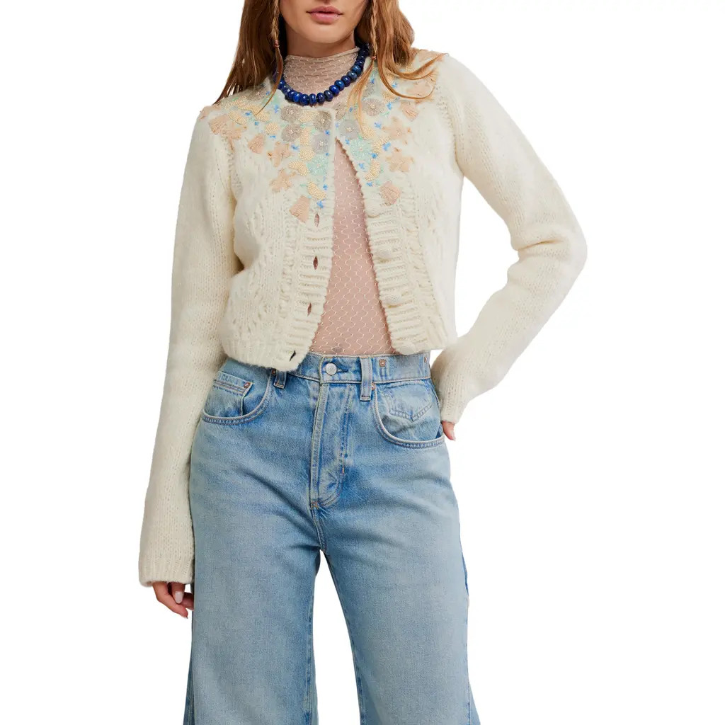 Free People Pixie Beaded Floral Cardigan in Ivory at Nordstrom Rack, Size Medium | Nordstrom Rack