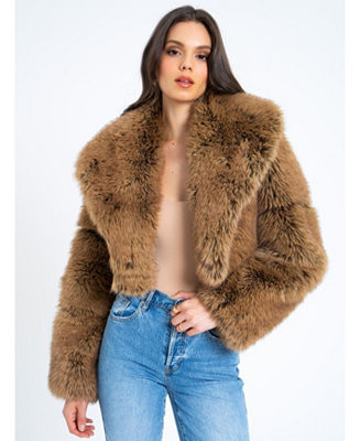Miss Circle Women Yadavi Brown Faux Fur Cropped Jacket - Macy's | Macy's