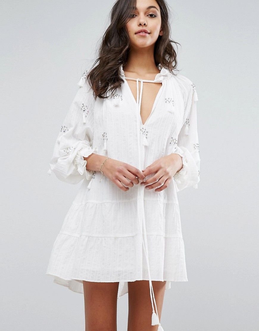 Stevie May Novella Embellished Dress with Bead and Tassel Detailing - White | ASOS US