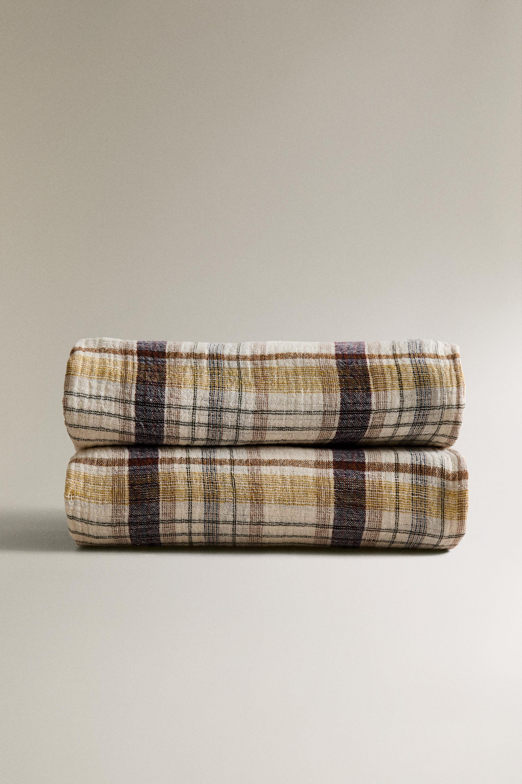 MULTICOLORED CHECK LINEN COTTON BLANKET | Zara US