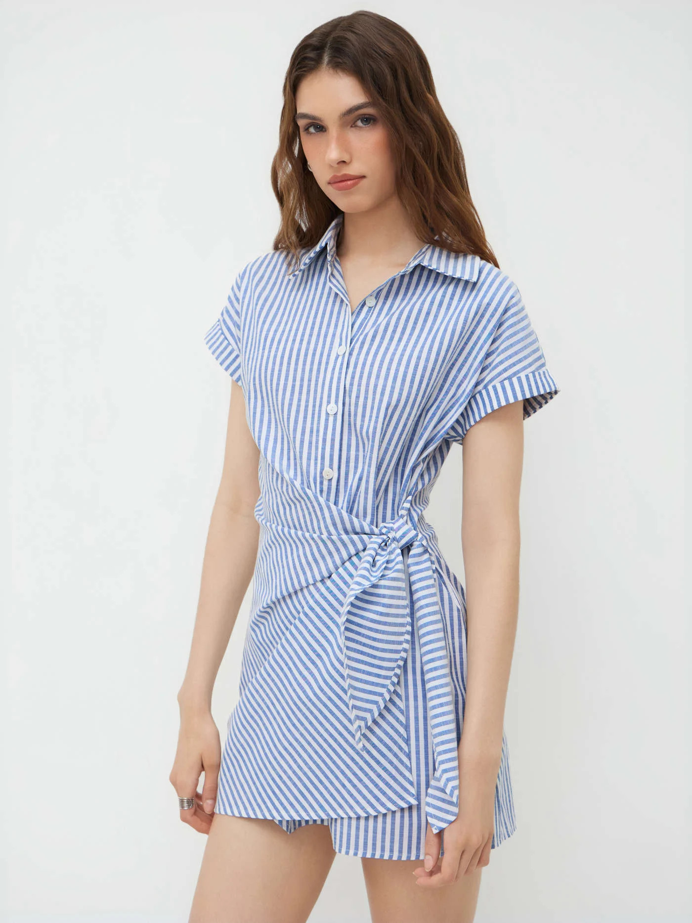 Cotton-blend Polo Collar Striped Draped Mini Dress | Cider