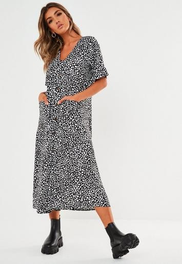 Black Dalmatian Button Through Midi Smock Dress | Missguided (US & CA)