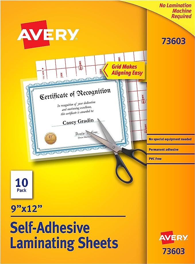 Avery Clear Laminating Sheets, 9" x 12", Permanent Self-Adhesive, 10 Sheets (73603) | Amazon (US)