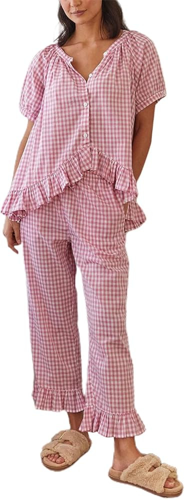 Argeousgor Women Plaid 2 Piece Pajama Set Button Down Puff Sleeve Babydoll Shirt Gingham Pants Pj... | Amazon (US)