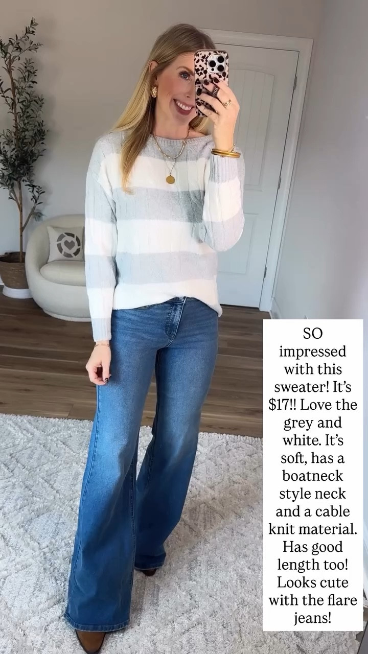 Walmart try on, grey stripe boatneck sweater 

#LTKStyleTip #LTKFindsUnder50