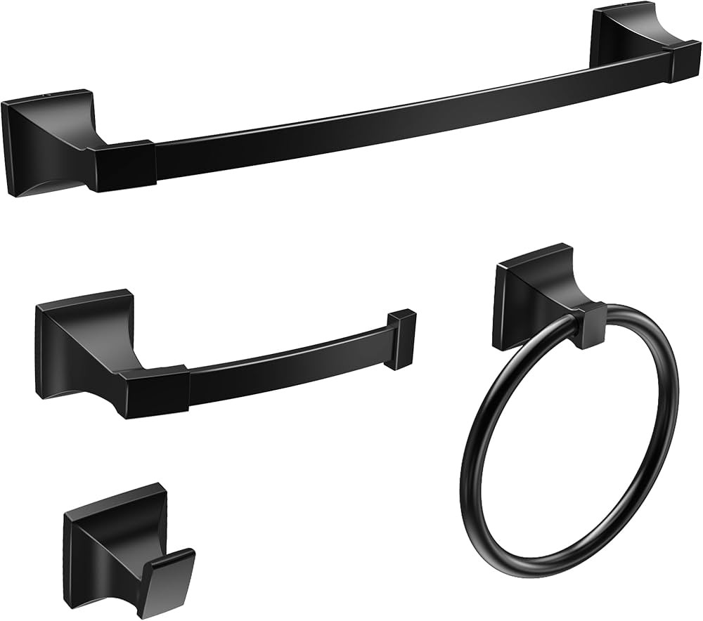 4 Piece Bathroom Hardware Set, Matte Black Bathroom Towel Bar Set, Bathroom Accessories Set Inclu... | Amazon (US)
