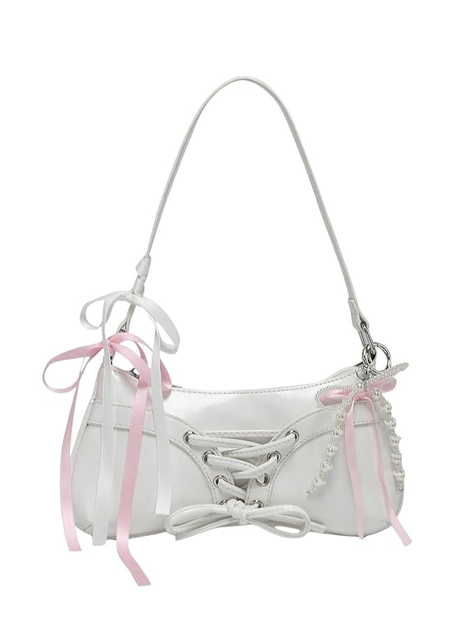 Verdusa Women's Y2K Coquette Bow Tie Vintage Shoulder Bags Lace PU Leather Kawaii Purse Handbag | Amazon (US)
