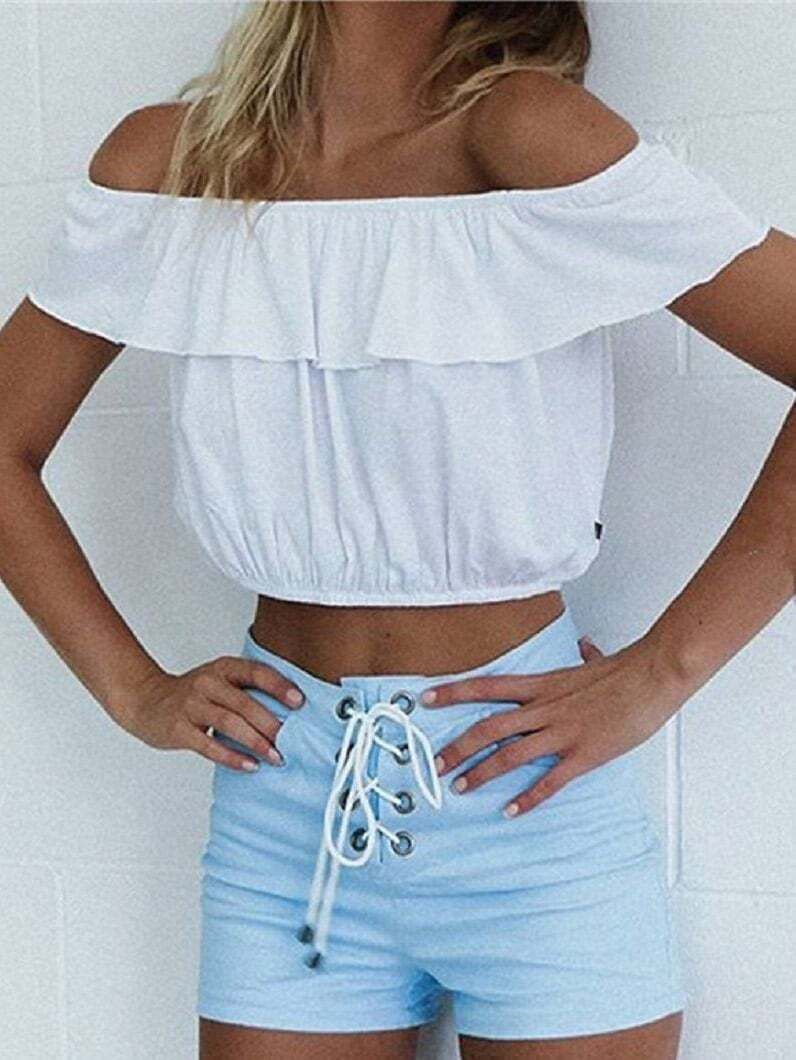White Off The Shoulder Ruffle Crop Top | Romwe