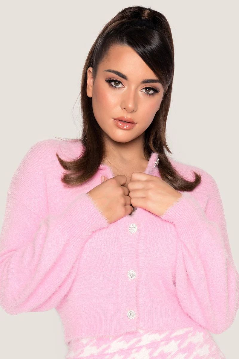 Louise Diamante Button Fluffy Cardigan - Baby Pink | MESHKI US