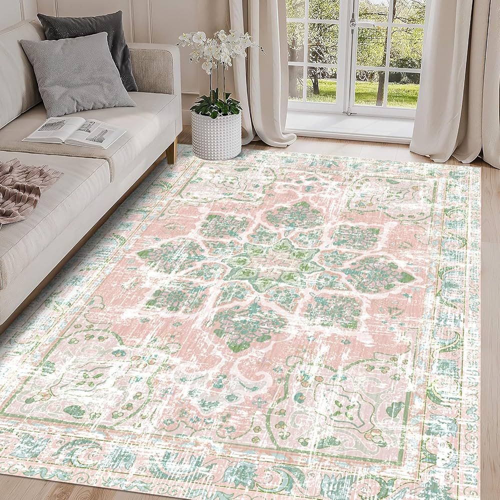 Vhong Boho Area Rugs Vintage Washable Neutral Modern Dusty Pink and Green 5x7 Non Slip Carpet for... | Amazon (US)