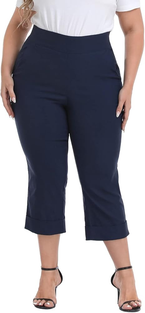 HDE Plus Size Pull On Capri Pants for Women with Pockets Elastic Waist Commuter Travel Casual Wor... | Amazon (US)