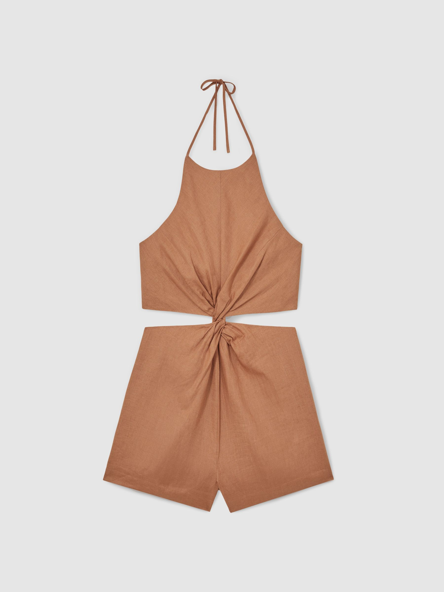 Linen Halterneck Cut Out Playsuit in Brown | Reiss DE
