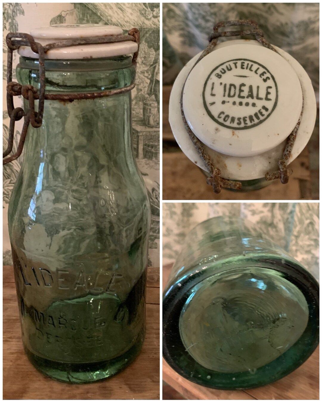 Large Vintage French L'Ideale Green Glass Preserve Bottle Canning Jar; Green Text on White Porcel... | Etsy (US)