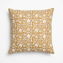 Whitney Linen 20"x20" Moroccan Ocher Floral Hand Printed Throw Pillow Cover | Crate & Barrel | Crate & Barrel