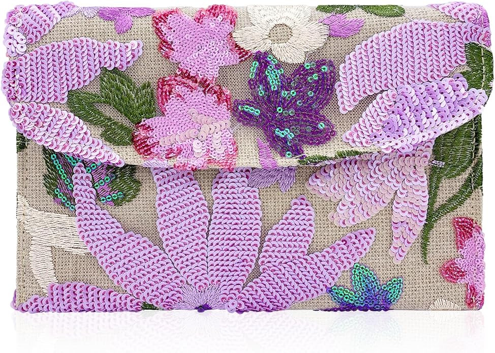 Embroidered Sequin Wedding Clutch Purse for Women - Beaded Floral Envelope Evening Bag |Slim Part... | Amazon (US)