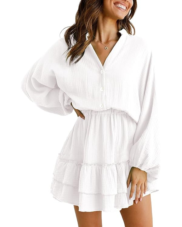 ARTFREE Women's Long Lantern Sleeves Mini Dress V Neck Button Down Ruffle Tiered Swing Fall Casua... | Amazon (US)