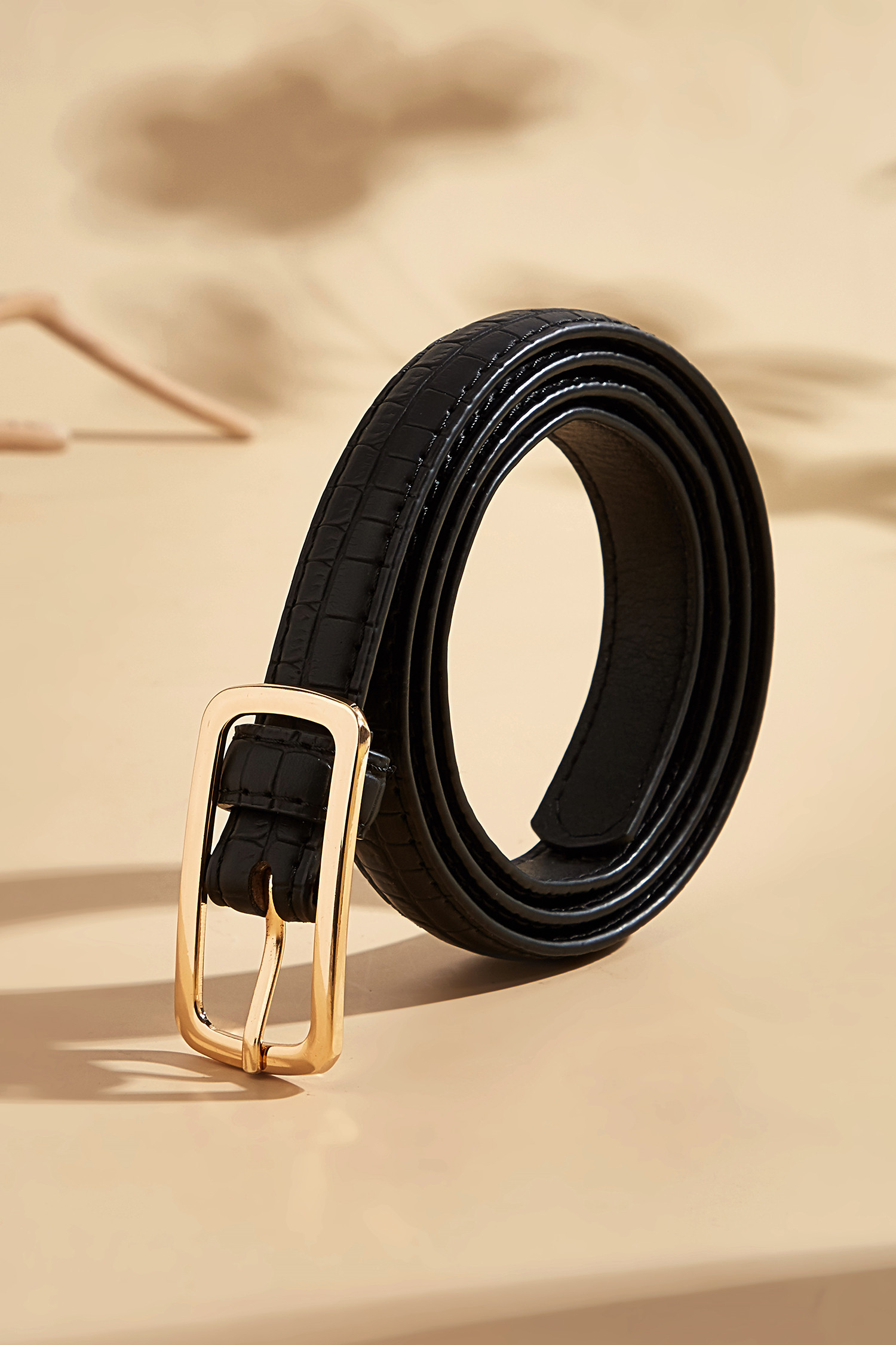 Black Faux Leather Gold-Tone Buckle Belt - F | Cupshe US