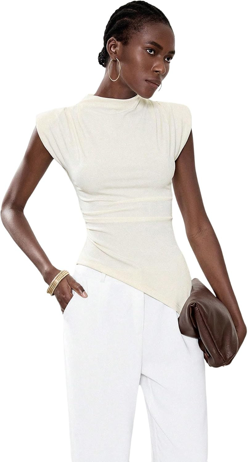 SweatyRocks Women's Asymmetrical Ruched Top Shoulder Pad Fitted Mock Neck Shirts Summer Going Out Business Chic Tops | Amazon (US)