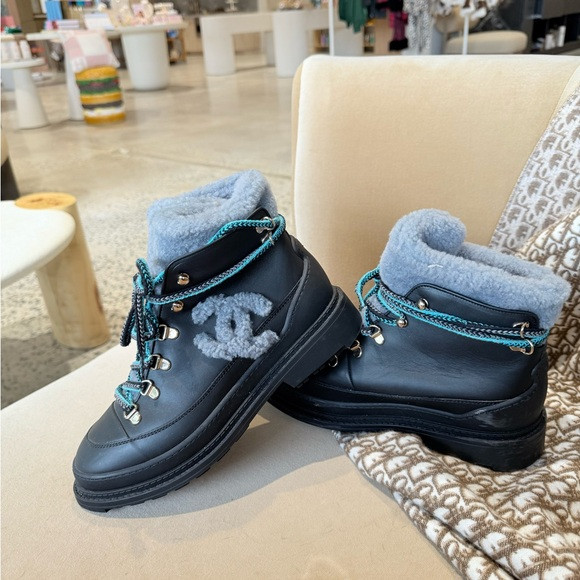 CHANEL Black Boots with Gray Fur and Blue Laces | Poshmark