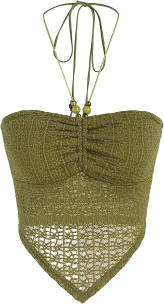 CIDER Halter Tops for Women Crochet Boho Backless Ruched Tie Back Vacation Beach Tank Crop Tops | Amazon (US)