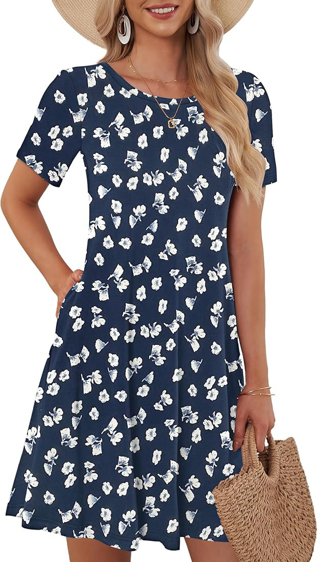 WNEEDU Women's Summer Casual T Shirt Dresses Short Sleeve Swing Loose Flowy Sundresses with Pocke... | Amazon (US)