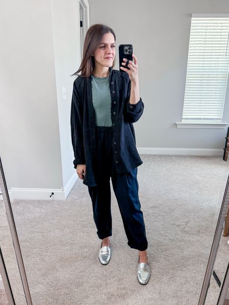 Casual semi-monochromatic look | bodysuit (tts), oversized tunic, pull on linen pant (old, linked similar), metallic silver loafers (sized down .5) 

#LTKstyletip