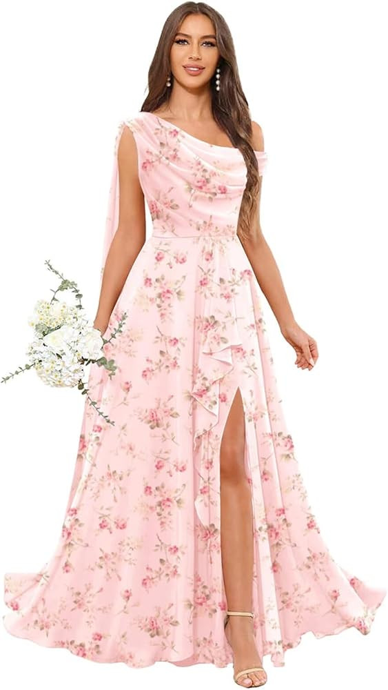 One Shoulder Chiffon Bridesmaid Dresses Floor Length Pleated Ruffles Side Slit Formal Gown | Amazon (US)