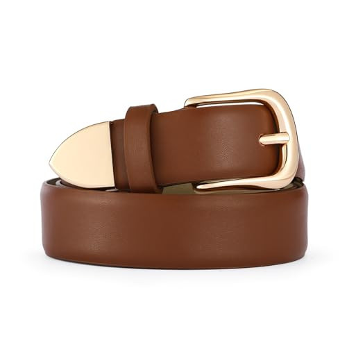 RISANTRY Women's Brown Belts with Gold Buckle Ladies Faux Leather Waist Belts for Jeans Dress & Casual Wear | Amazon (US)