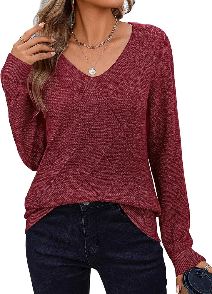 Zeagoo Womens Sweaters Fall 2025 Long Sleeve Knit Pullover V Neck Lightweight Crochet Sweater Top... | Amazon (US)