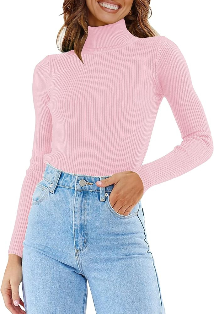 ZESICA Women's 2024 Turtleneck Long Sleeve Shirts Spring Fall Basic Tops Slim Fitted Ribbed Knit ... | Amazon (US)