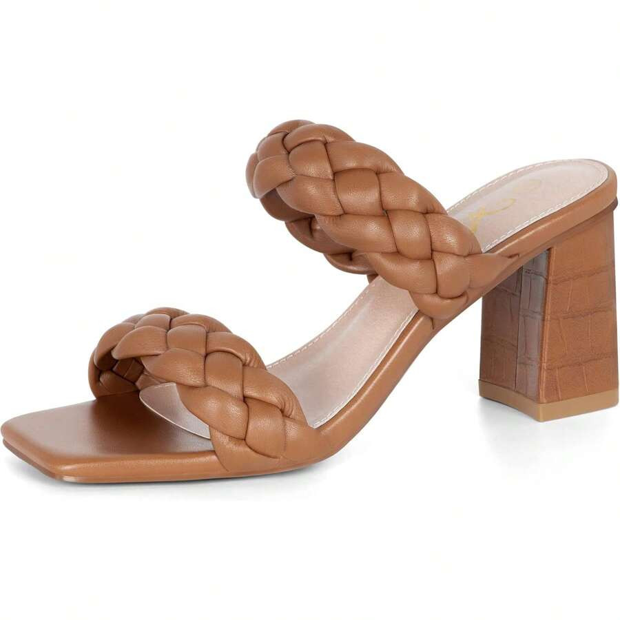 Women's Braided Heeled Sandals Strappy Square Open Toe Heels Backless Mules Slip On Block Heels S... | SHEIN