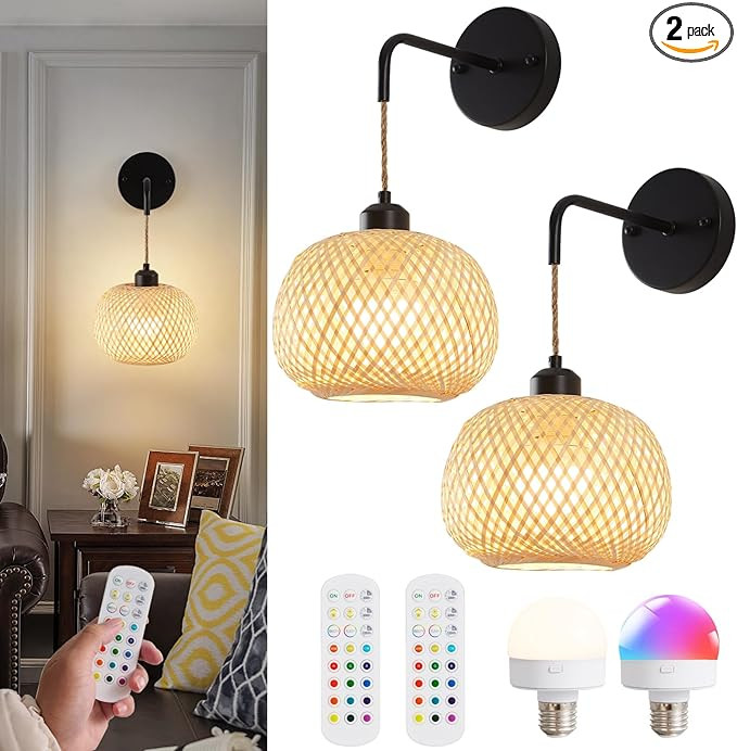Battery Operated Wall Sconce Set of Two, Bamboo Rechargeable Wireless Sconces with Remote, Dimmab... | Amazon (US)