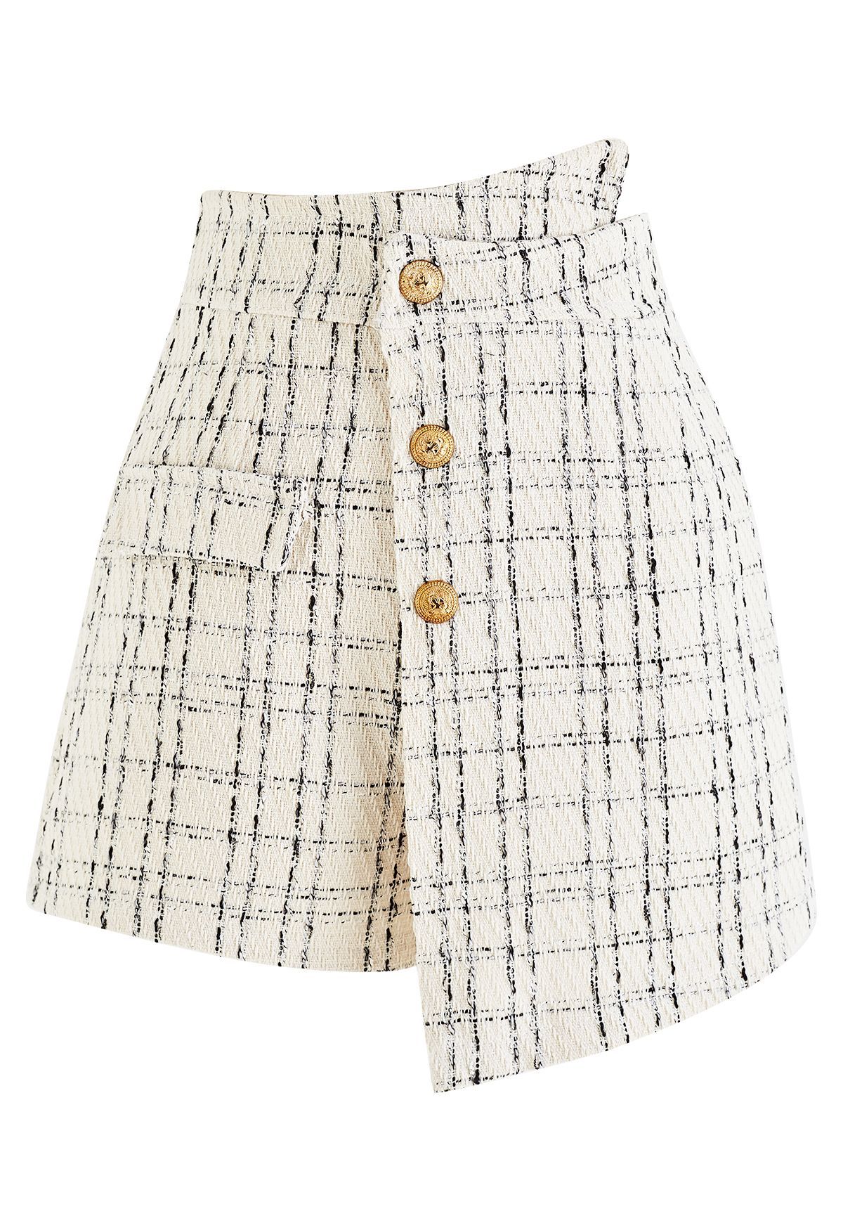 Grid Tweed Buttoned Flap Skorts in Ivory | Chicwish