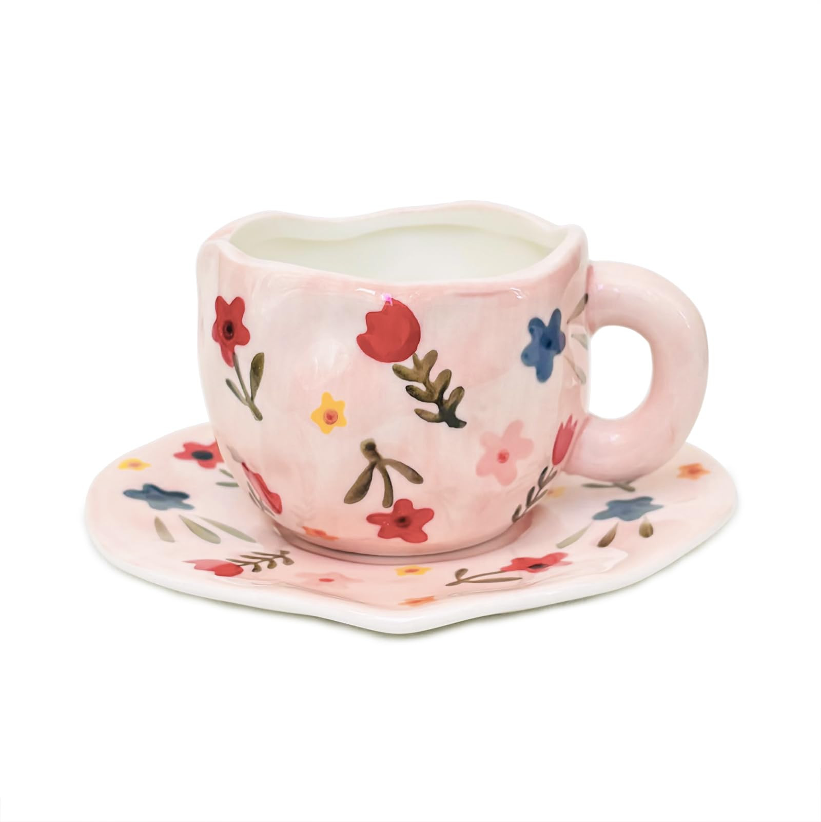 Noviko Pink Coffee Mug Cute Cup with Saucer Set for Women 10 oz | Amazon (US)