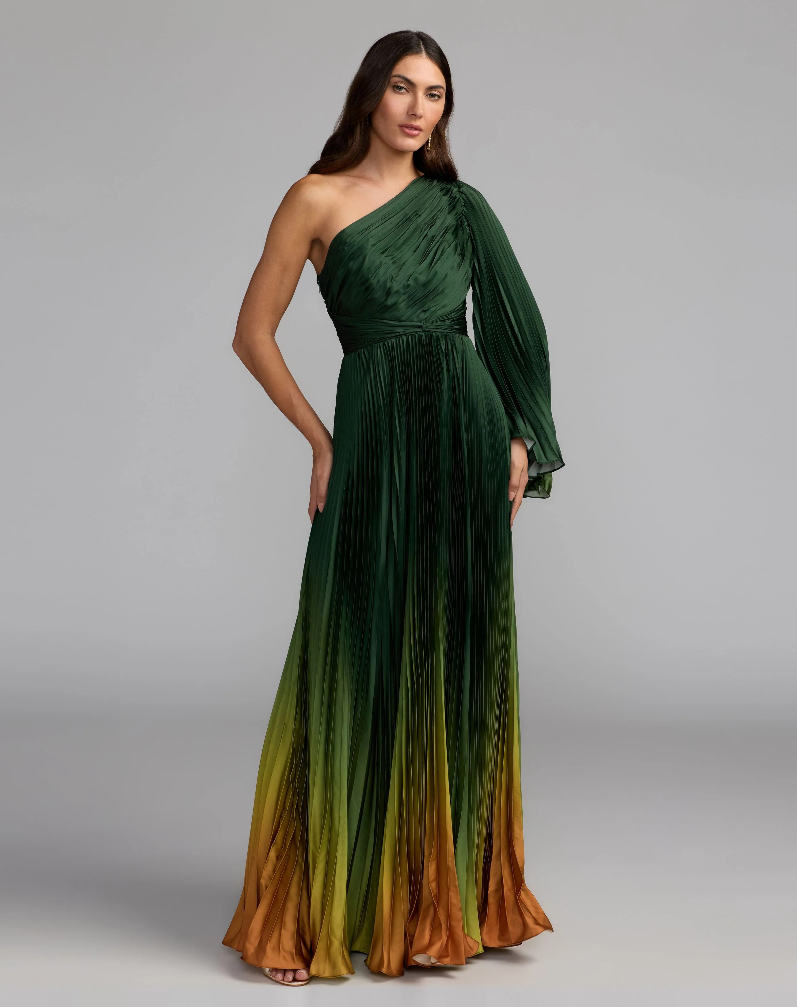 Petite Green Pleated Charmeuse One Shoulder Ombre Gown | Mac Duggal | Mac Duggal