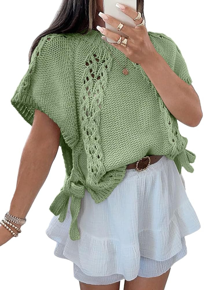 Saodimallsu Womens Summer Crochet Sweaters Batwing Cap Sleeve Cable Knit Crewneck Side Tie Casual... | Amazon (US)
