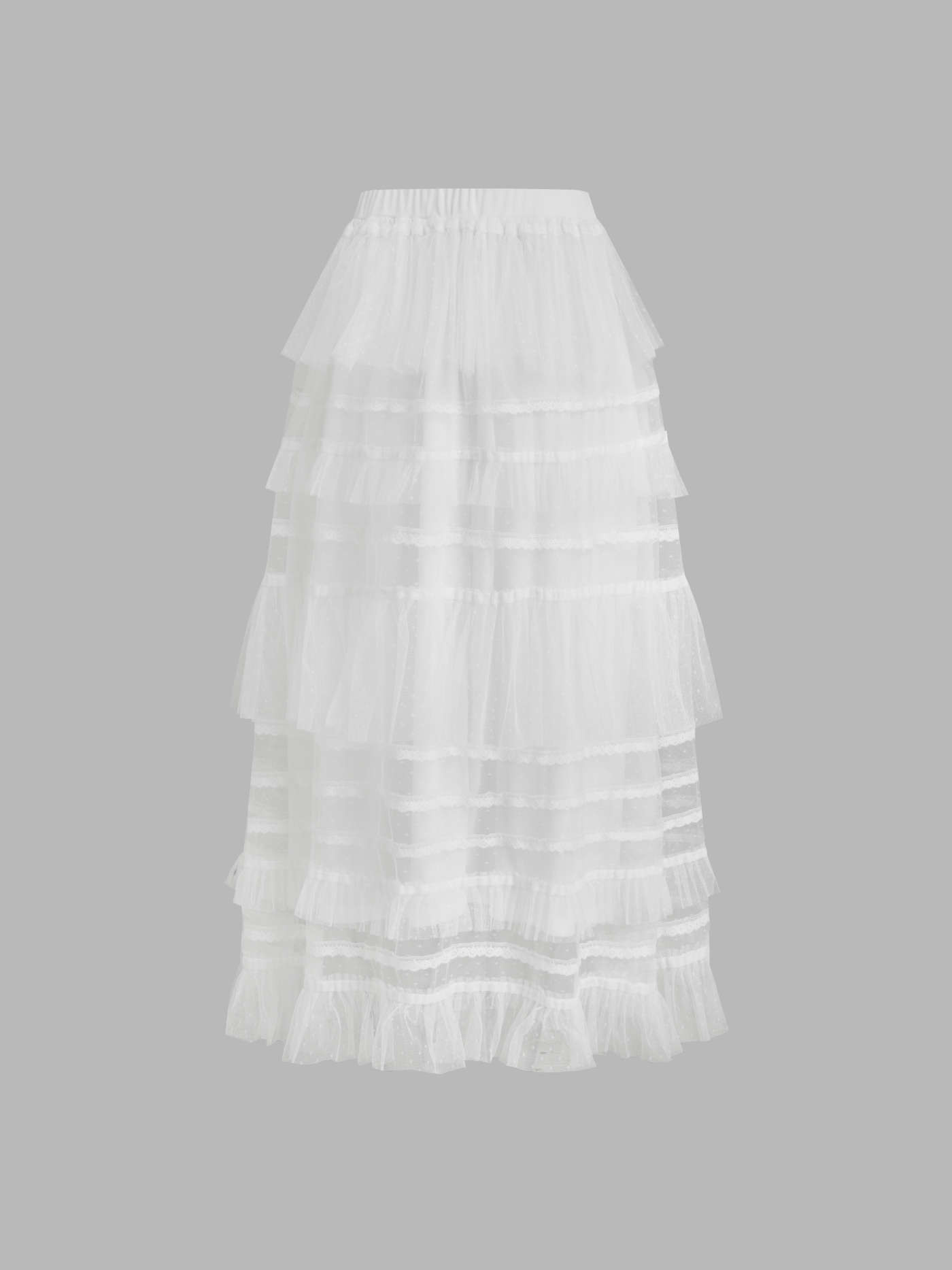 Woven Mid Rise Elastic Waist Polka Dot Tulle Layered Ruffle Maxi Skirt For Daily Casual | Cider