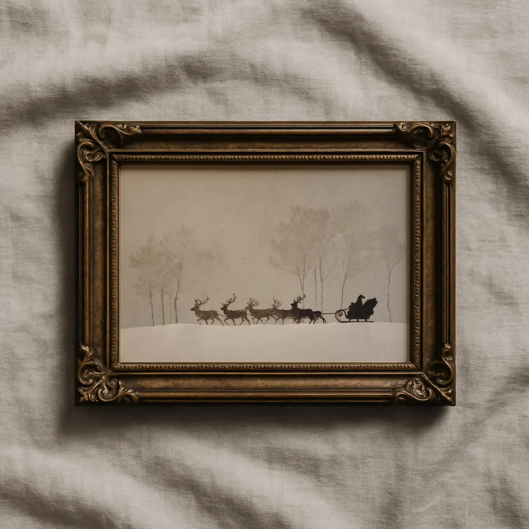 Christmas Santa Sleigh & Reindeer Silhouette Print: Vintage Style Winter Holiday Decor, Snowy Lan... | Etsy (US)