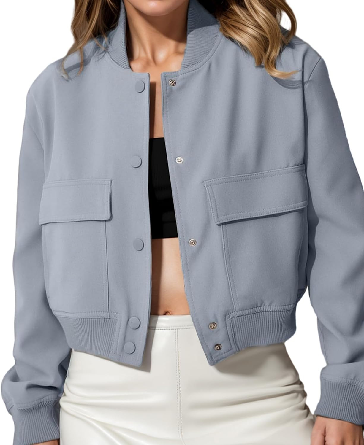 Women's Spring Varsity Bomber Jackets Long Sleeve Cropped Button Down Casual Coat with Pockets Outwear | Amazon (CA)