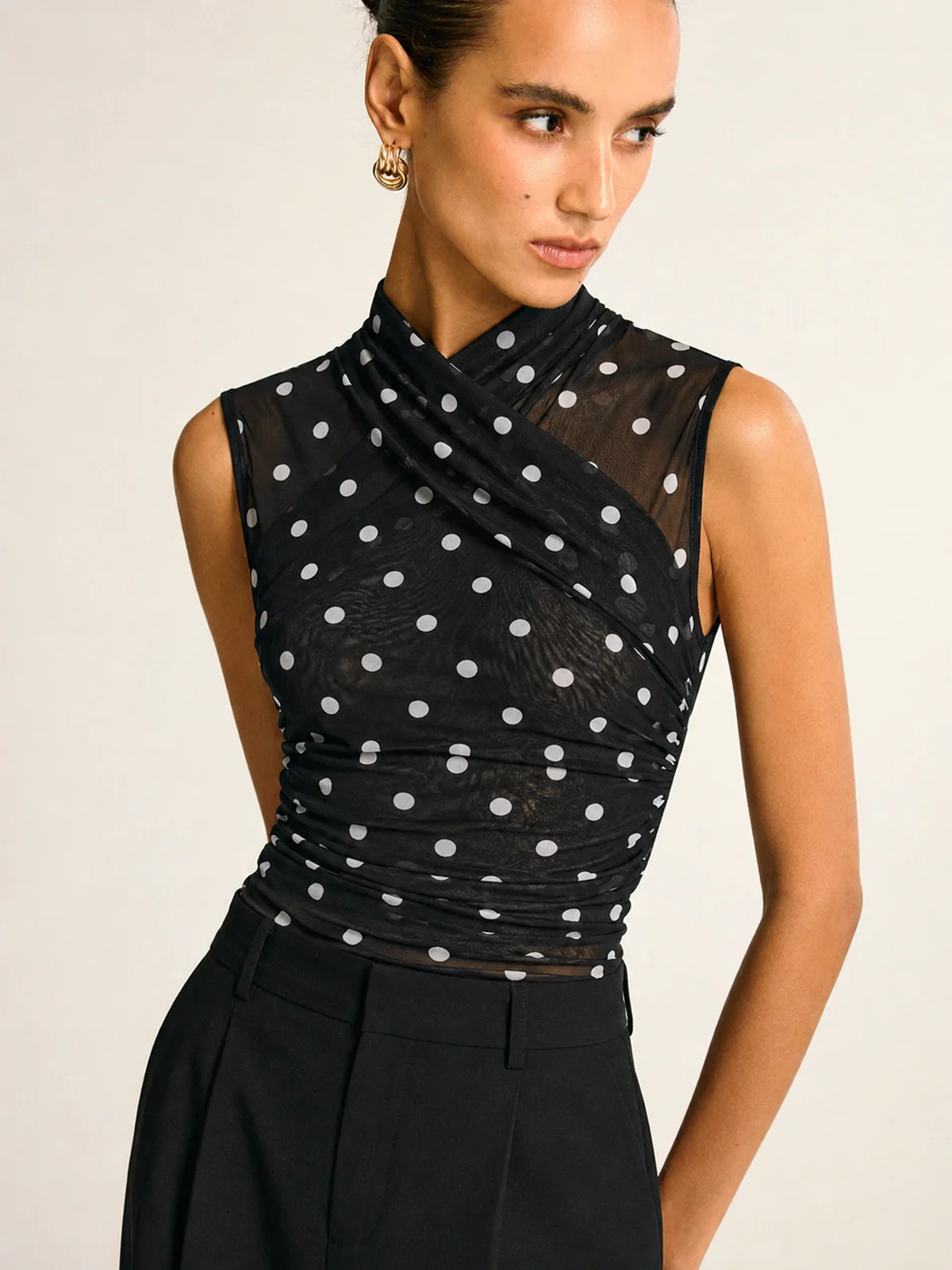 Polka Dot Ruched Sleeveless Mesh Top | Commense